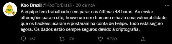 Koo garante que os dados da rede estão seguros devido à criptografia